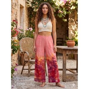 Tie Dye flowy pants embroidered hippie bohemian pink sunset colors pull on 28" w